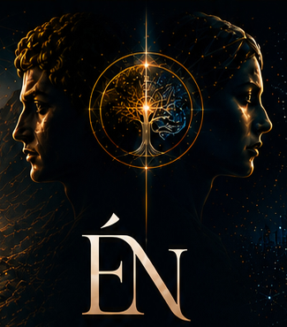 Símbolo do Éthos Nexum com duas faces, árvore da consciência e monograma ÉN